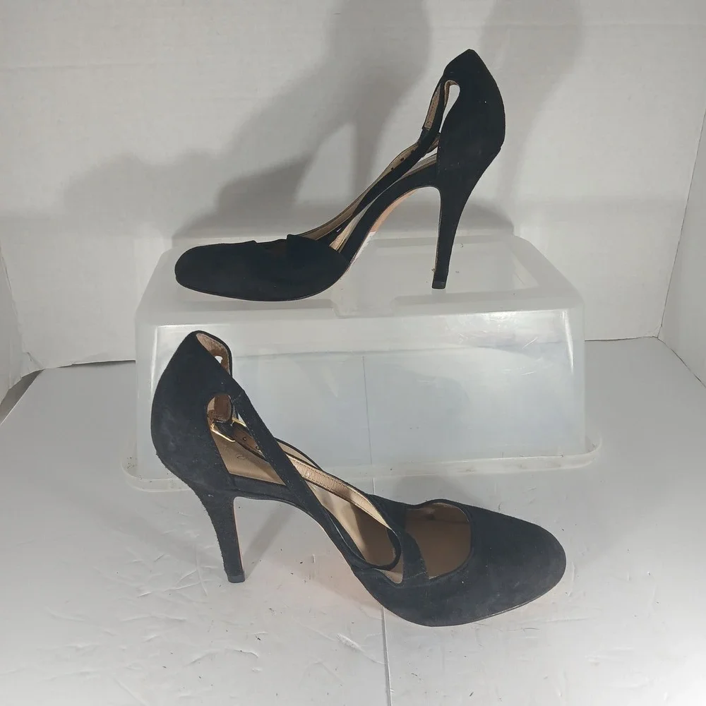 Talbots Luisa T-Strap Pumps 6.5B Black Suede Round Toe High Heels Cutout Leather